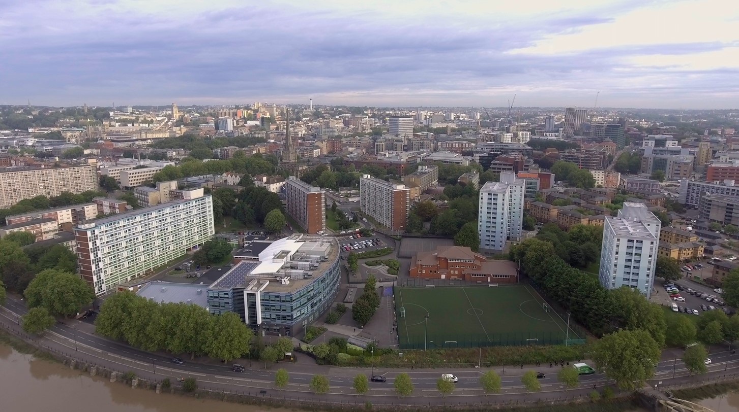 SMRT in the heart of Bristol Drone picture of Bristol with SMRT school in the foreground, and Bristol in the background
